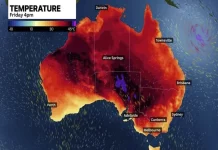 Australia’s Heatwave Pushes Near 50°C — Ceduna Shatters Records Under a “Frying Pan” Sky Temperature map of Australia showing an extreme heatwave with widespread 40–45°C+ heat and record conditions near 50°C in South Australia