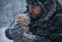 A Stranger Saved a Freezing Cat — Why Small Rescues Matter More Than We Admit Man rescuing a nearly frozen cat during extreme winter cold, holding the animal close to prevent hypothermia