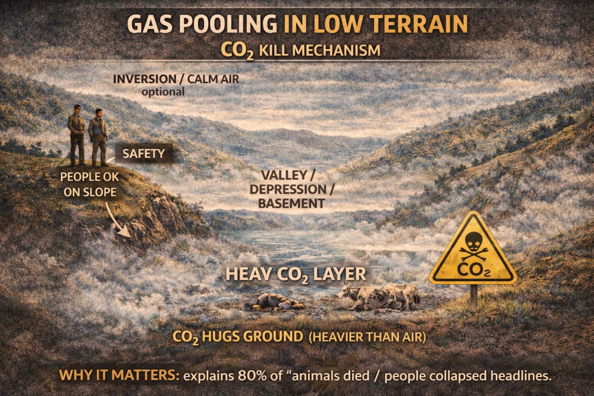 Diagram showing CO2 pooling in a valley and basement as a heavy ground-hugging layer with people safe on slopes and danger at the bottom in calm air