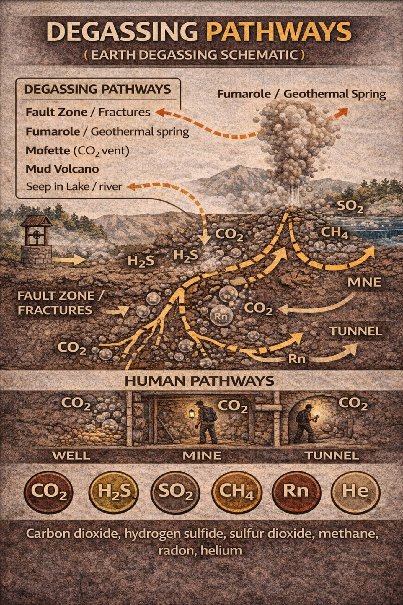 Earth degassing pathways schematic showing fault fractures, fumarole geothermal spring, mofette CO2 vent, lake seep, and human pathways like well mine tunnel for gases CO2 H2S SO2 methane radon and helium