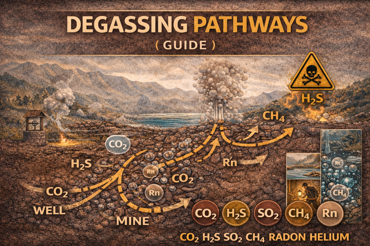 Featured illustration of Earth degassing pathways showing CO2, H2S, SO2, methane CH4, radon and helium moving through fractures, geothermal vents and human pathways