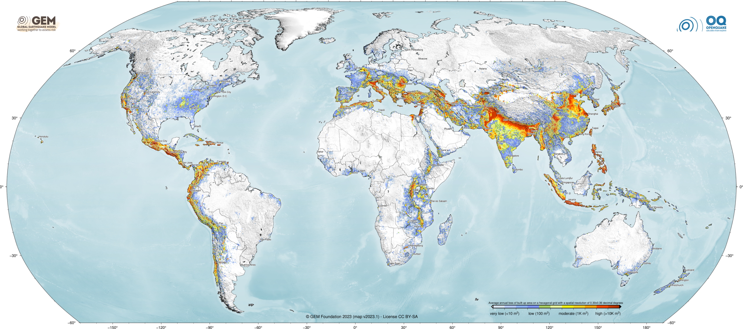 Global seismic risk map showing regions with higher earthquake hazard and risk across the Pacific Rim, the Mediterranean, the Middle East, the Himalayas, and parts of the Americas