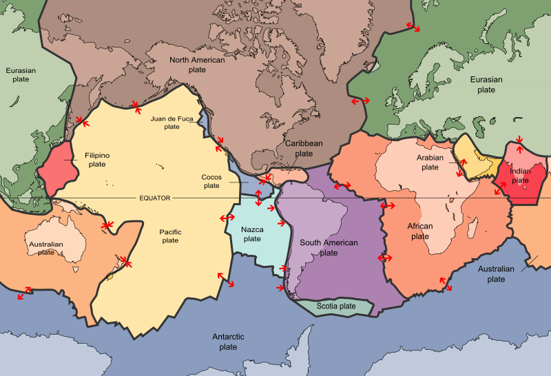 Global plate tectonics motion map showing major tectonic plates, plate boundary types, and motion arrows explaining where earthquakes and volcanoes cluster worldwide