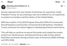 Drones Over American Cities: From “Mystery Sightings” to Official Surveillance Screenshot of Kristi Noem’s tweet announcing DHS drones will fly over U.S. cities to protect borders and the interior of the United States