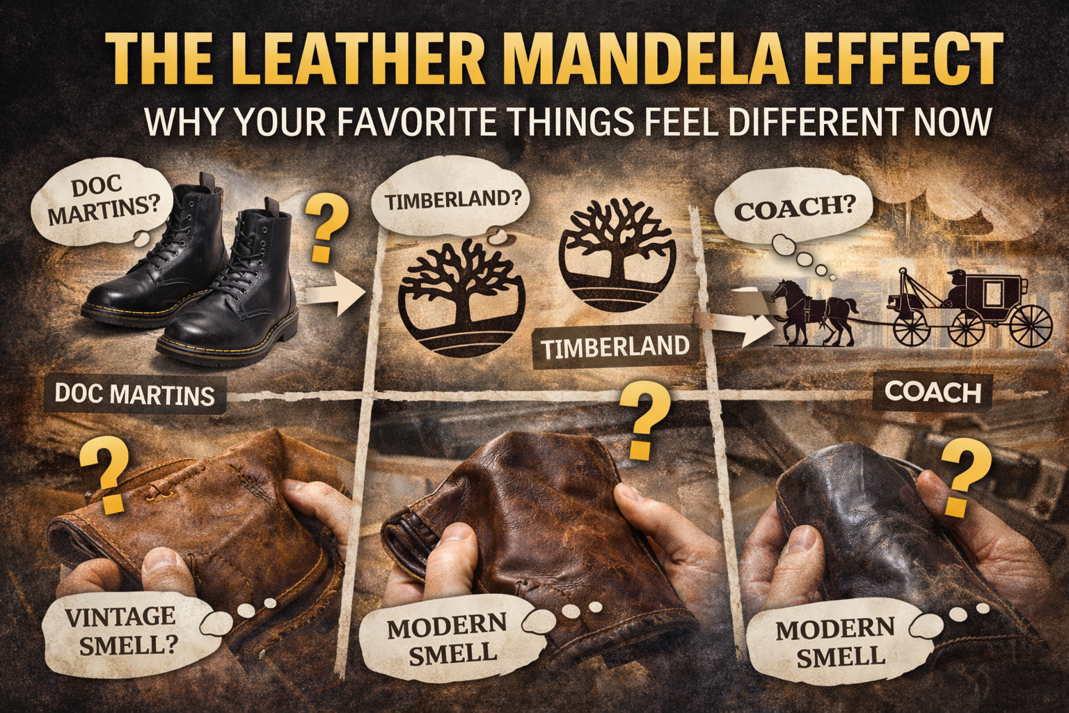 Leather Mandela Effect examples with Doc Martens, Timberland logo, and Coach horse carriage