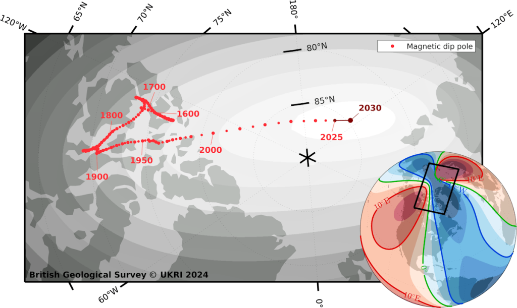 Map showing the movement of Earth’s magnetic north pole from 1700 to 2030 with projected drift toward Siberia