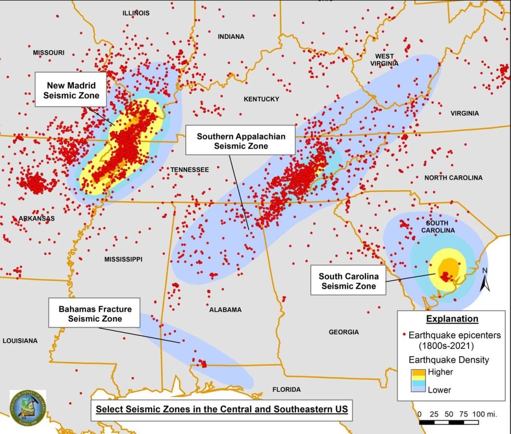 Map showing the New Madrid Seismic Zone and other intraplate earthquake zones in the central and southeastern United States with earthquake epicenter density