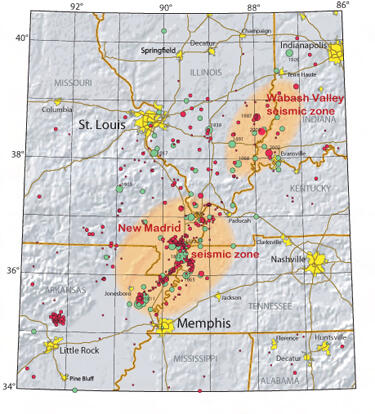 New Madrid Seismic Zone map showing the central U.S. intraplate earthquake area near St. Louis and Memphis