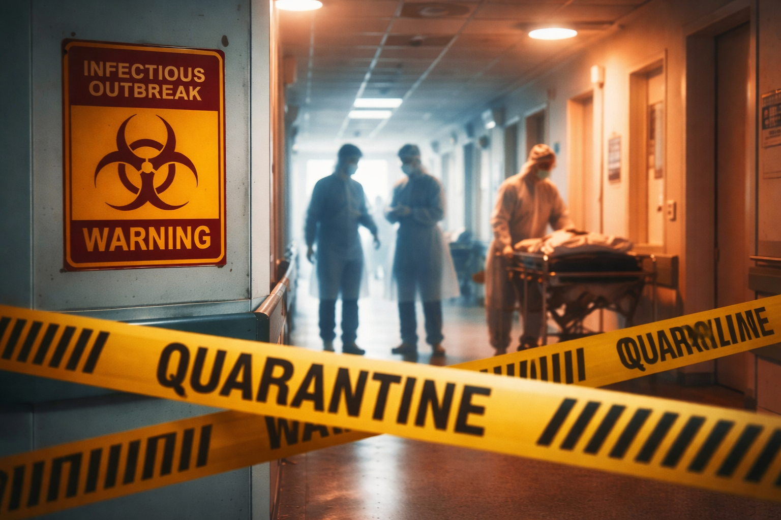 Public health containment scene symbolizing a Nipah virus outbreak response with hospital signage and infection control measures