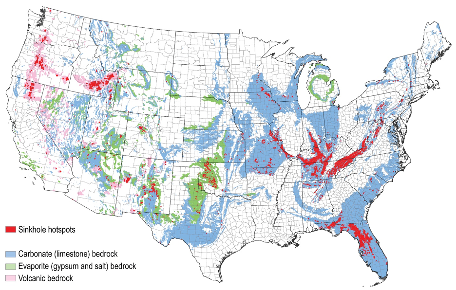 Map of sinkhole hotspots across the United States over carbonate and evaporite bedrock regions