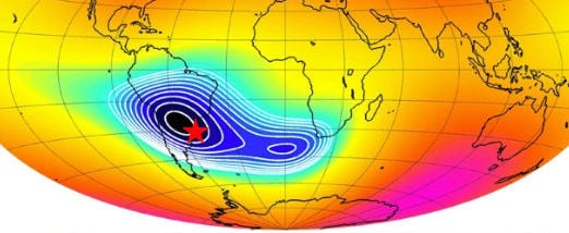 Map of the South Atlantic Anomaly showing the weak magnetic field region over Brazil with a red star marking an observer location