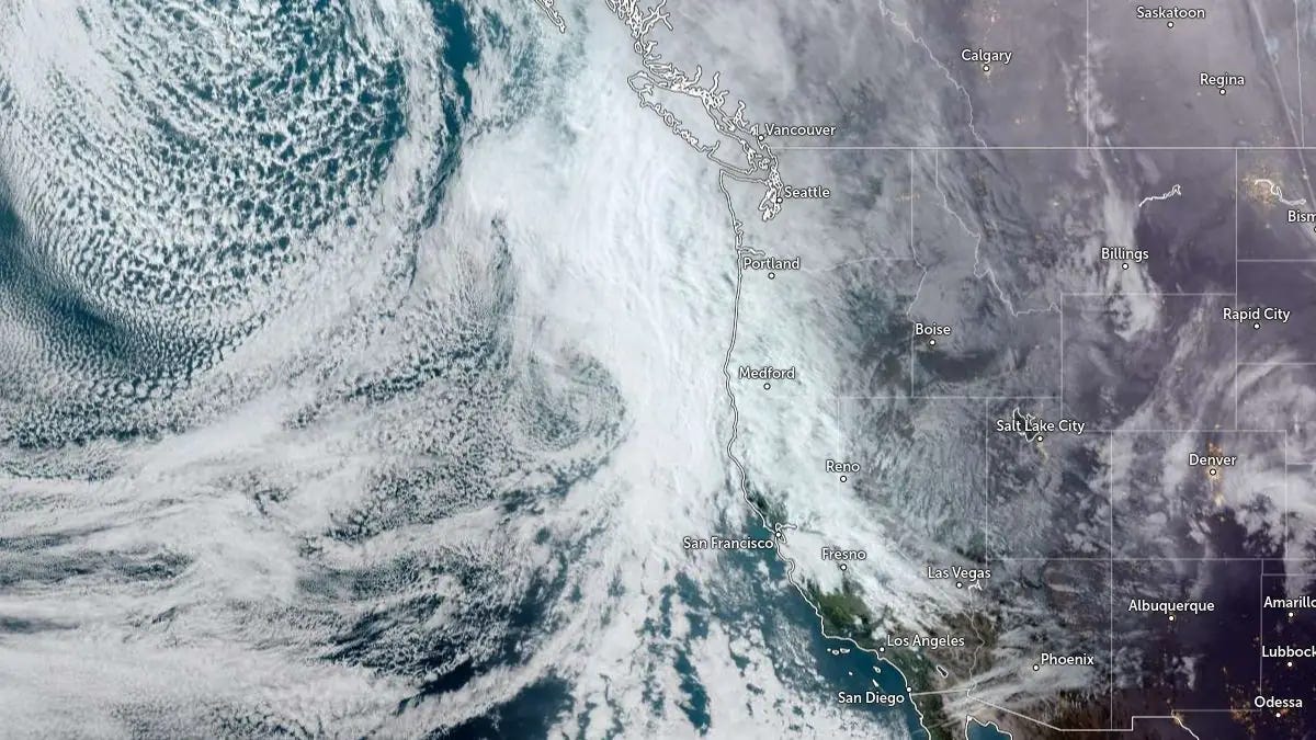 Satellite image of a powerful atmospheric river hitting California, Oregon and Washington on February 25, 2026