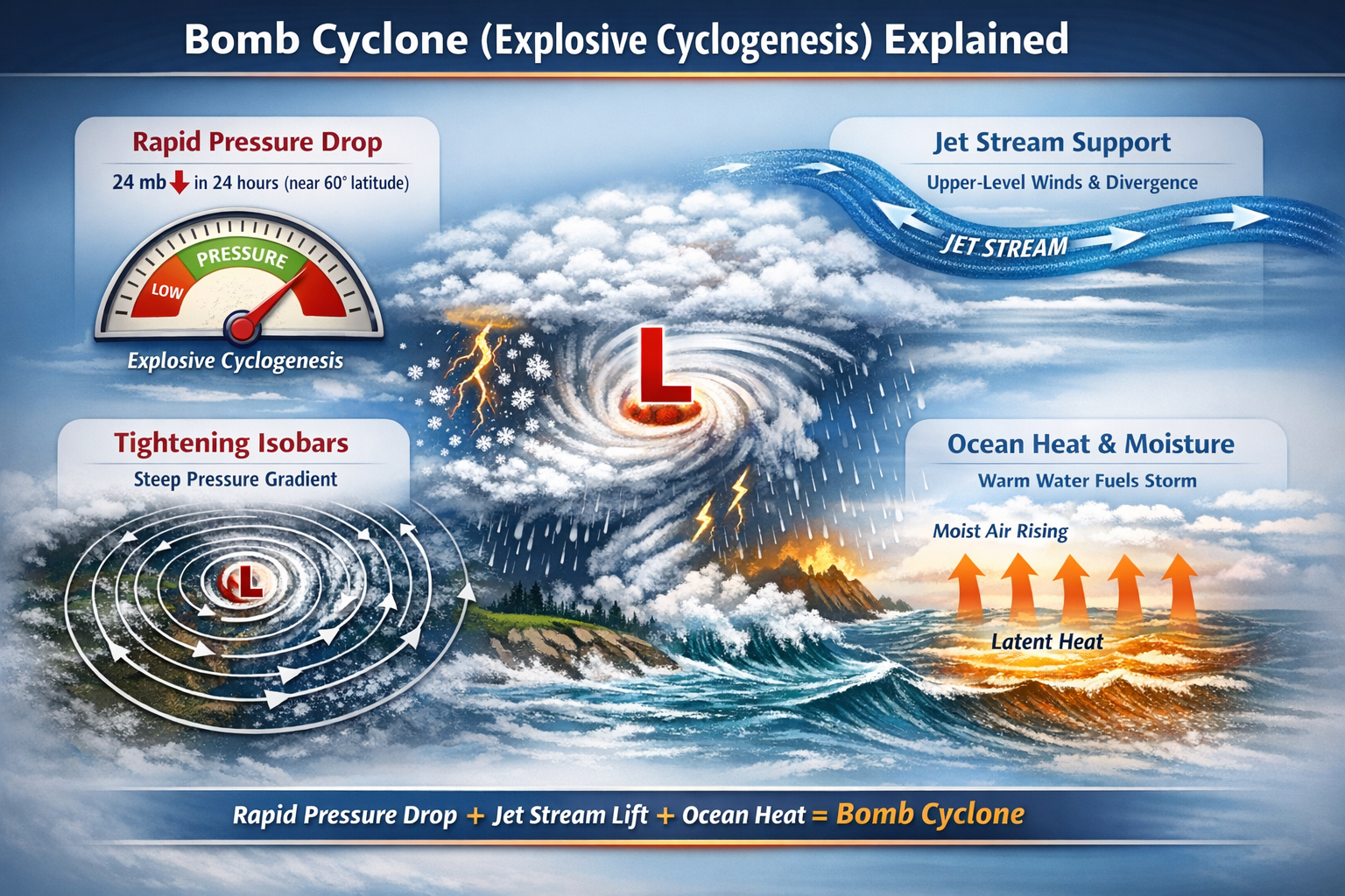 Bomb cyclone infographic showing 24 mb in 24 hours pressure drop and explosive cyclogenesis process