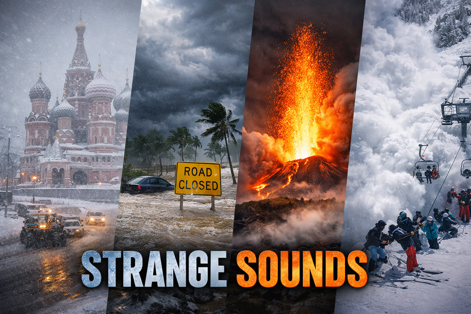 Global extreme weather events in February 2026 including Moscow snowstorm, California flooding, Kilauea volcanic eruption and Alpine avalanche – Strange Sounds newsletter feature image