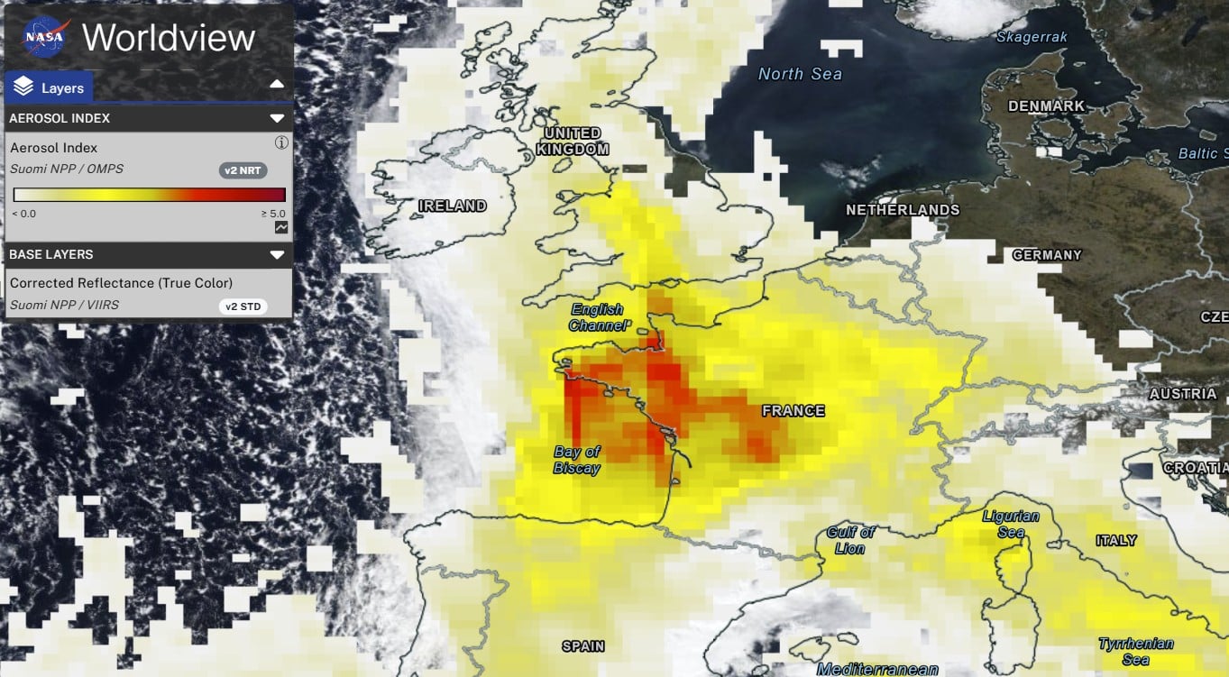 NASA Worldview aerosol index map showing Saharan dust concentrations over France, the Bay of Biscay, and western Europe