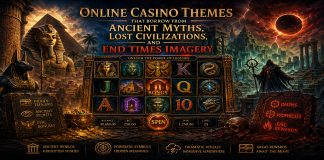 Online Casino Themes That Borrow From Ancient Myths, Lost Civilizations, and End Times Imagery Online casino game scene with ancient temple ruins, glowing symbols, collapsing sky and apocalyptic mythological atmosphere