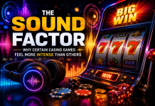 The Sound Factor: Why Certain Casino Games Feel More Intense than Others Digital casino slot machine with headphones, soundwaves, chips, dice and glowing audio visuals showing how sound design makes casino games feel more intense.