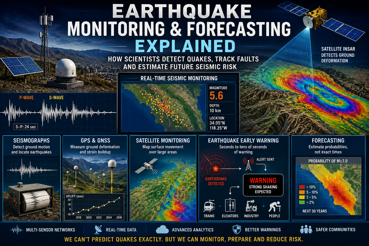 Earthquake monitoring infographic showing seismographs, GPS stations, satellite InSAR, fault deformation, early warning and seismic forecasting