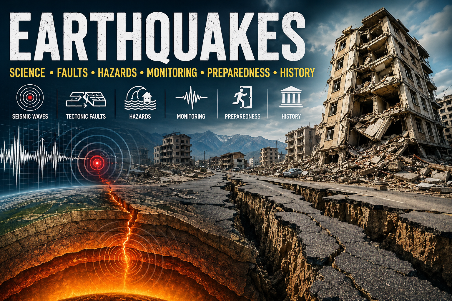 Earthquake infographic showing tectonic fault rupture, seismic waves, collapsed buildings, monitoring, preparedness and historic earthquakes