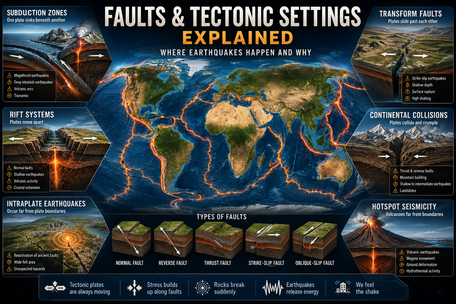 Faults and tectonic settings infographic showing subduction zones, transform faults, continental collisions, rift systems, intraplate earthquakes and hotspot seismicity