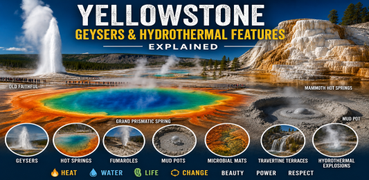 Yellowstone geysers and hydrothermal features with Old Faithful, Grand Prismatic Spring, Mammoth Hot Springs, fumaroles and mud pots