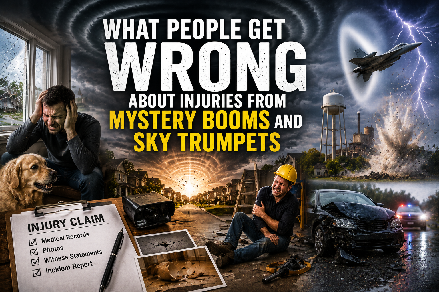 Mystery boom and sky trumpet injury scenarios with sonic boom, damaged property and accident aftermath