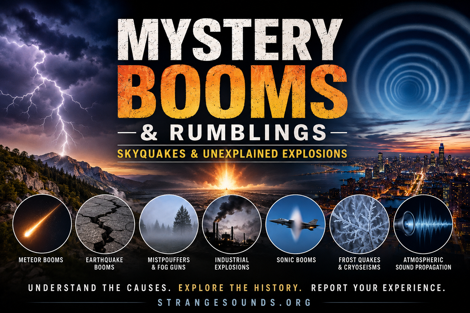 Mystery booms, skyquakes and unexplained explosions illustrated with meteor, lightning, sonic boom and earthquake phenomena