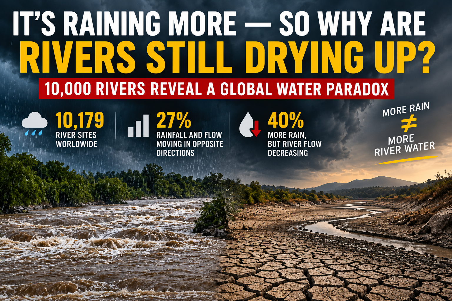 More Rain, Less River Flow – Global Water Paradox Infographic comparing heavy rainfall with a drying riverbed as global river data show more rain does not always mean more river flow