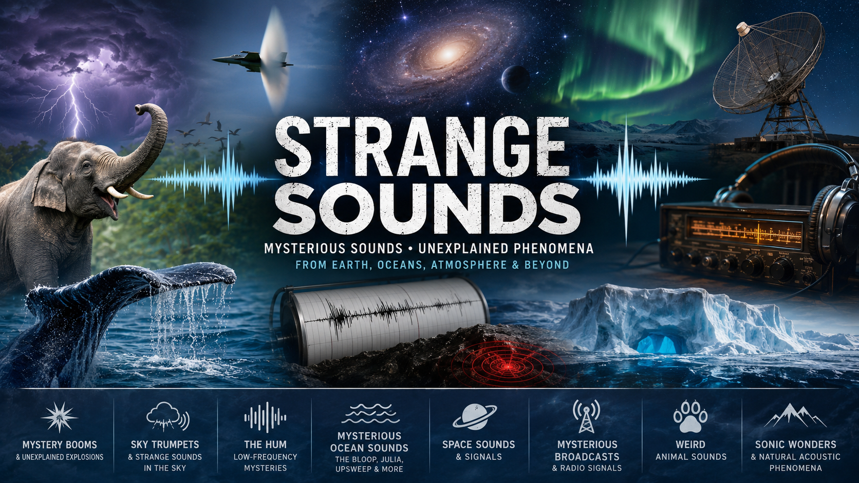 Strange Sounds illustrated with mystery booms, sky trumpets, The Hum, ocean sounds, space signals, radio broadcasts and animal sounds