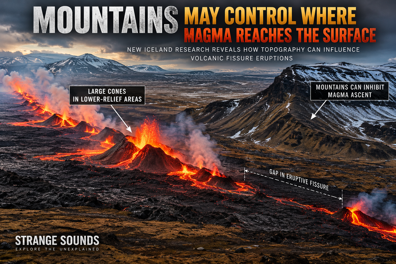 Mountains may influence where magma reaches the surface in Iceland Iceland volcanic fissure eruption showing how mountains and topography may influence where magma reaches the surface