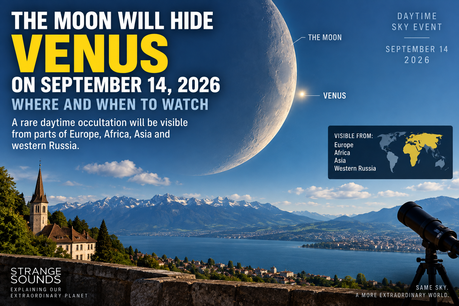 Venus occultation September 14, 2026 Daytime Venus occultation on September 14, 2026 showing the Moon passing in front of Venus over Europe